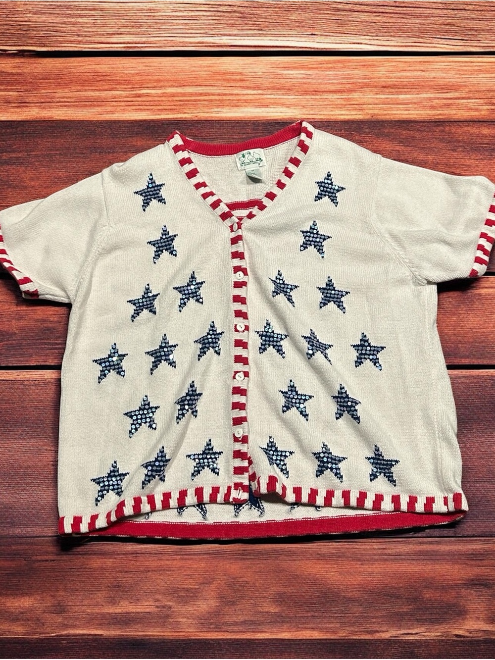 VTG Quacker Factory Stars & Stripes Cardigan Sweater Womens 2X Patriotic USA